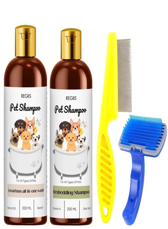 مجموعة شامبو ريجيس للحيوانات الأليفة للكلاب، تركيبة فاخرة شاملة للغسيل وإزالة الشعر الزائد، 200 مل، مع مشط معدني للبراغيث وفرشاة تنظيف ذاتية (عبوة من 4 قطع) - Image 1